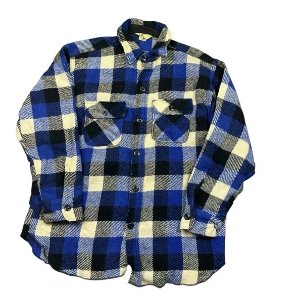 Vintage Yorke wool buffalo plaid blue and black button front flannel SZ Medium - Picture 4 of 4